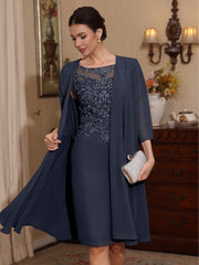 2 Pieces Sheath Column Scoop Chiffon Mother Of The Bride Dresses With Jacket Lace Knee Length 3 4 Sleeves