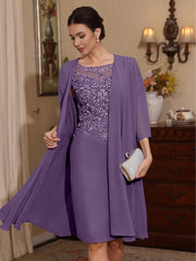 2 Pieces Sheath Column Scoop Chiffon Mother Of The Bride Dresses With Jacket Lace Knee Length 3 4 Sleeves