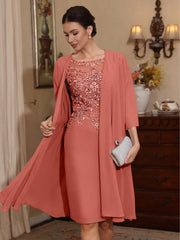 2 Pieces Sheath/Column Scoop Chiffon Mother of the Bride Dresses with Jacket Lace Knee-Length 3/4 Sleeves