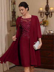 2 Pieces Sheath Column Scoop Chiffon Mother Of The Bride Dresses With Jacket Lace Knee Length 3 4 Sleeves