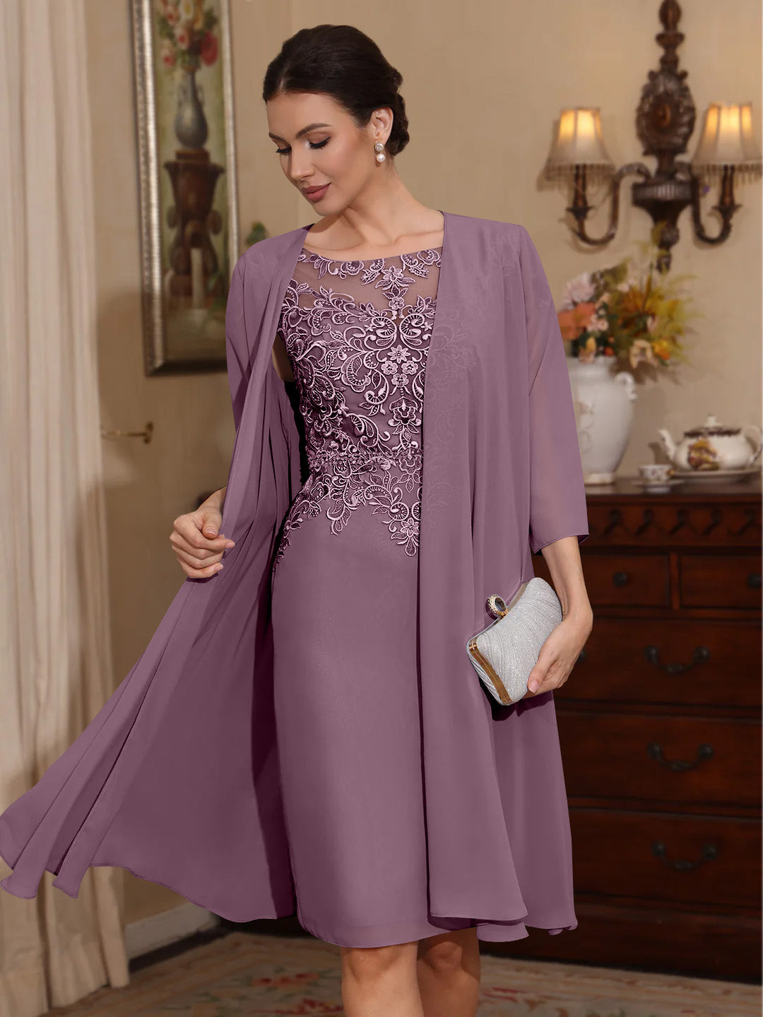 2 Pieces Sheath Column Scoop Chiffon Mother Of The Bride Dresses With Jacket Lace Knee Length 3 4 Sleeves