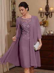 2 Pieces Sheath Column Scoop Chiffon Mother Of The Bride Dresses With Jacket Lace Knee Length 3 4 Sleeves