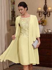 2 Pieces Sheath Column Scoop Chiffon Mother Of The Bride Dresses With Jacket Lace Knee Length 3 4 Sleeves