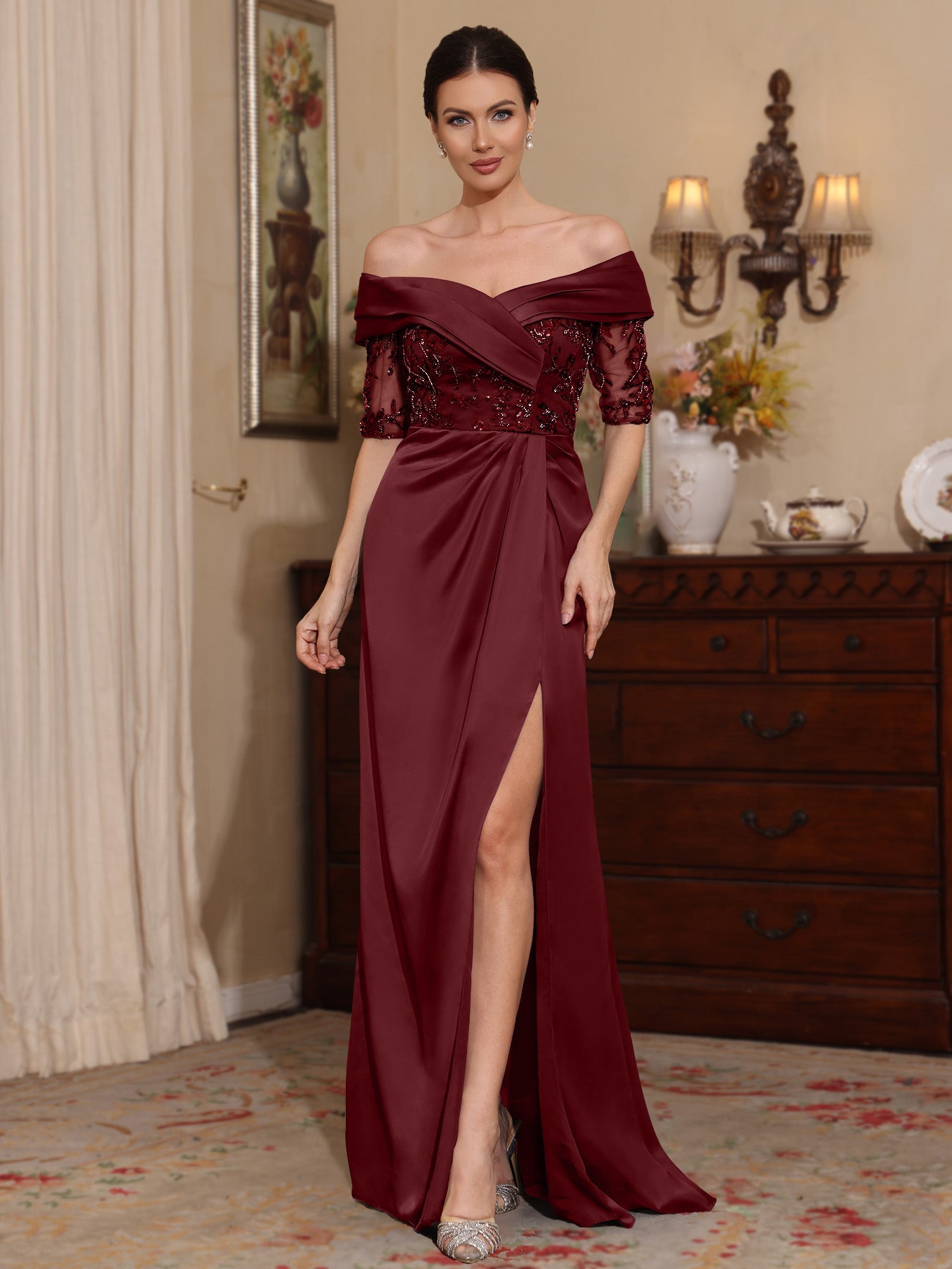 Sheath Column Off The Shoulder Satin Mother Of The Bride Dresses Lace Half Sleeves Floor Length With Split Side