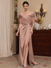 Sheath Column Off The Shoulder Satin Mother Of The Bride Dresses Lace Half Sleeves Floor Length With Split Side