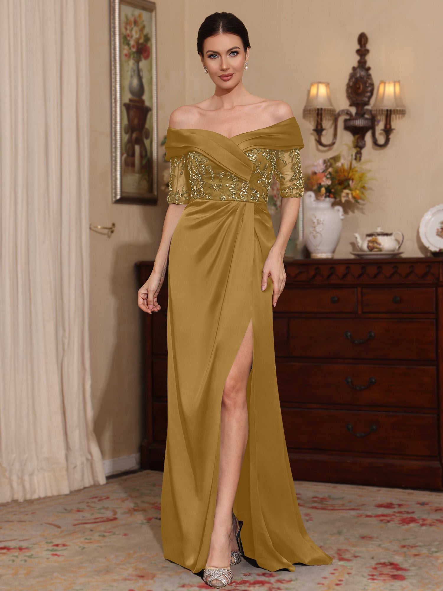 Sheath Column Off The Shoulder Satin Mother Of The Bride Dresses Lace Half Sleeves Floor Length With Split Side