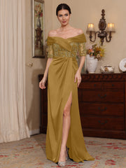 Sheath Column Off The Shoulder Satin Mother Of The Bride Dresses Lace Half Sleeves Floor Length With Split Side