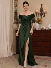 Sheath/Column Off-the-Shoulder Satin Mother of the Bride Dresses Lace Half Sleeves Floor-Length with Split Side