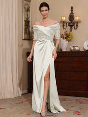 Sheath/Column Off-the-Shoulder Satin Mother of the Bride Dresses Lace Half Sleeves Floor-Length with Split Side