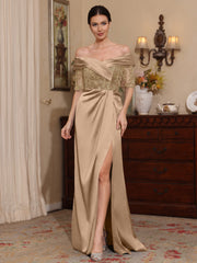 Sheath/Column Off-the-Shoulder Satin Mother of the Bride Dresses Lace Half Sleeves Floor-Length with Split Side