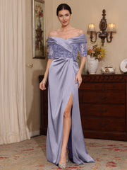 Sheath/Column Off-the-Shoulder Satin Mother of the Bride Dresses Lace Half Sleeves Floor-Length with Split Side