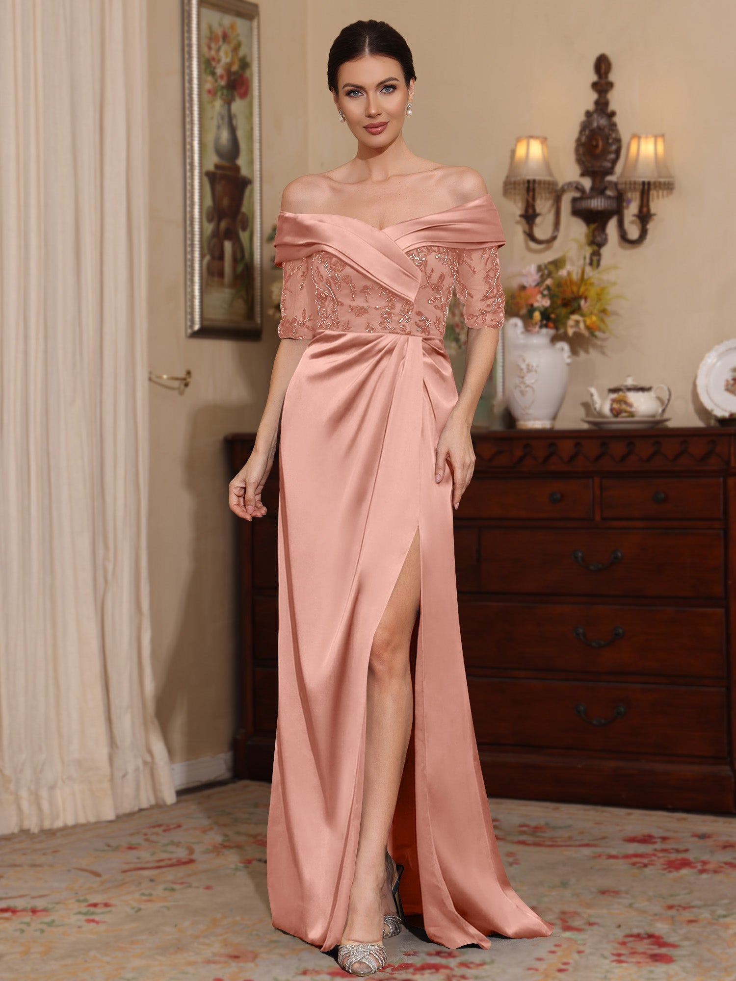 Sheath Column Off The Shoulder Satin Mother Of The Bride Dresses Lace Half Sleeves Floor Length With Split Side
