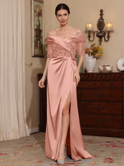 Sheath Column Off The Shoulder Satin Mother Of The Bride Dresses Lace Half Sleeves Floor Length With Split Side