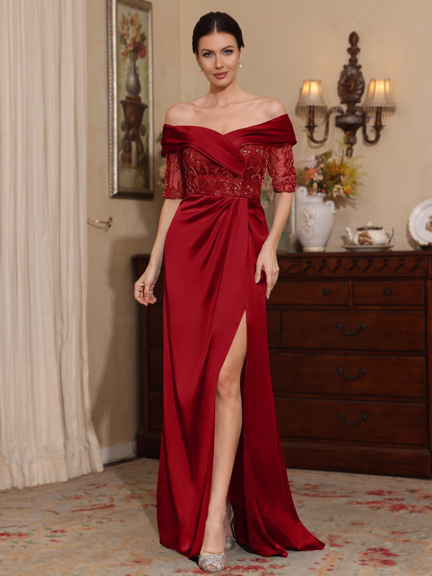Sheath Column Off The Shoulder Satin Mother Of The Bride Dresses Lace Half Sleeves Floor Length With Split Side