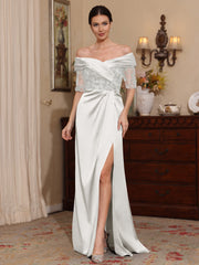 Sheath Column Off The Shoulder Satin Mother Of The Bride Dresses Lace Half Sleeves Floor Length With Split Side