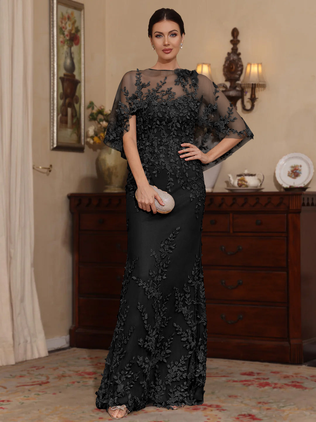 2 Pieces Sheath Column Scoop Lace Mother Of The Bride Dresses With Wrap Beading Floral Half Sleeves Floor Length