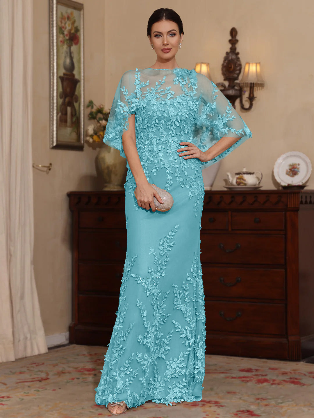 2 Pieces Sheath Column Scoop Lace Mother Of The Bride Dresses With Wrap Beading Floral Half Sleeves Floor Length