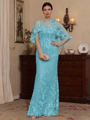 2 Pieces Sheath Column Scoop Lace Mother Of The Bride Dresses With Wrap Beading Floral Half Sleeves Floor Length