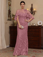 2 Pieces Sheath Column Scoop Lace Mother Of The Bride Dresses With Wrap Beading Floral Half Sleeves Floor Length