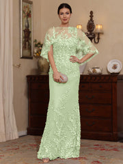 2 Pieces Sheath Column Scoop Lace Mother Of The Bride Dresses With Wrap Beading Floral Half Sleeves Floor Length