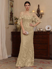2 Pieces Sheath Column Scoop Lace Mother Of The Bride Dresses With Wrap Beading Floral Half Sleeves Floor Length