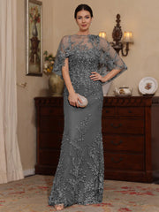 2 Pieces Sheath/Column Scoop Lace Mother of the Bride Dresses with Wrap Beading Floral Half Sleeves Floor-Length