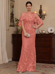 2 Pieces Sheath Column Scoop Lace Mother Of The Bride Dresses With Wrap Beading Floral Half Sleeves Floor Length