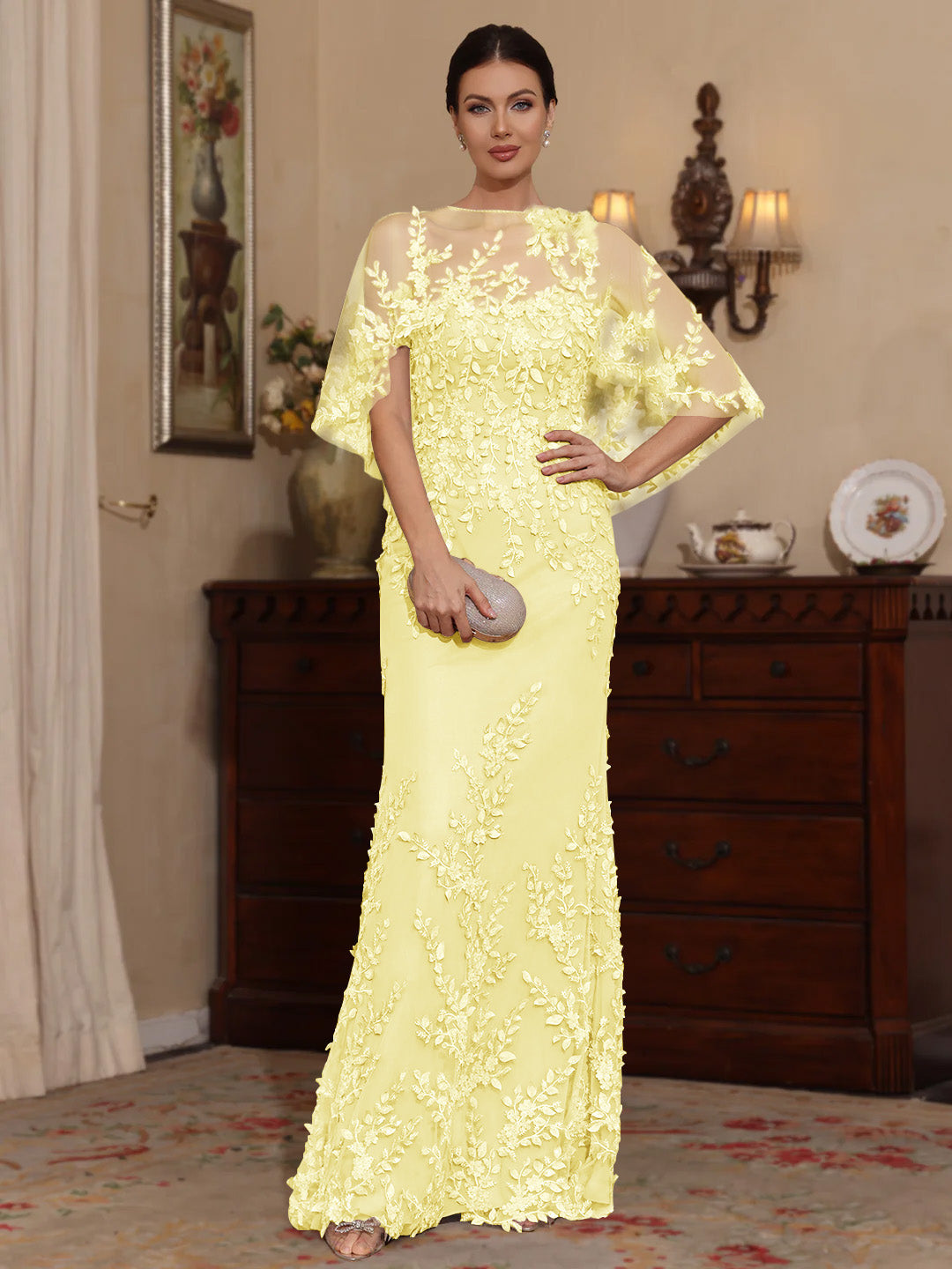 2 Pieces Sheath Column Scoop Lace Mother Of The Bride Dresses With Wrap Beading Floral Half Sleeves Floor Length