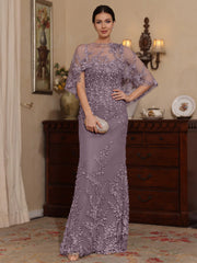 2 Pieces Sheath Column Scoop Lace Mother Of The Bride Dresses With Wrap Beading Floral Half Sleeves Floor Length