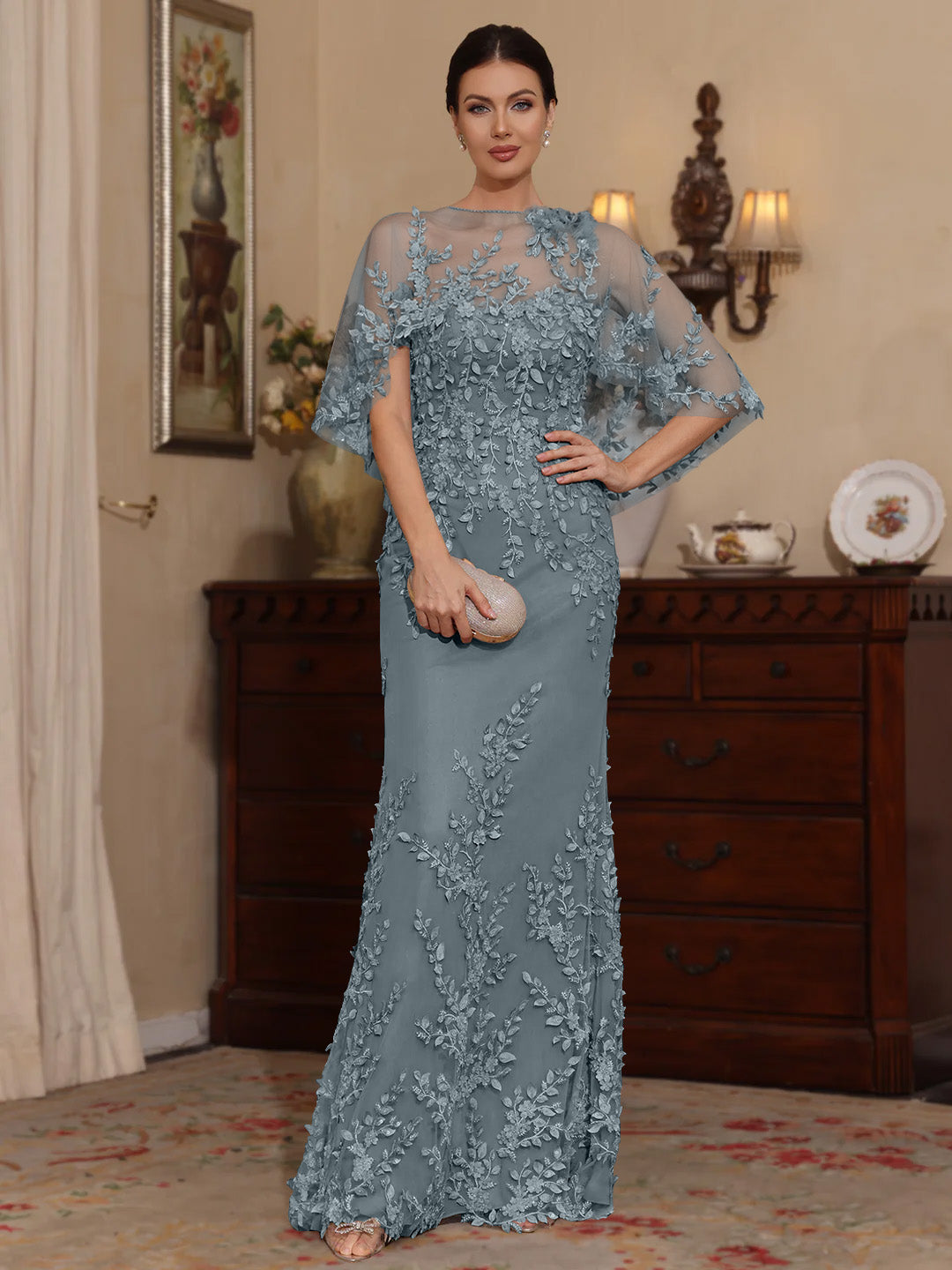 2 Pieces Sheath Column Scoop Lace Mother Of The Bride Dresses With Wrap Beading Floral Half Sleeves Floor Length