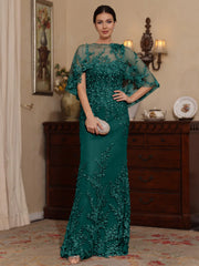 2 Pieces Sheath Column Scoop Lace Mother Of The Bride Dresses With Wrap Beading Floral Half Sleeves Floor Length