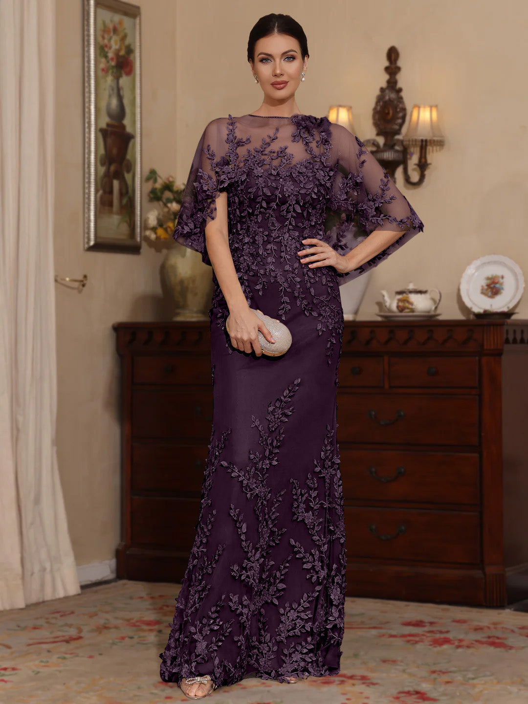 2 Pieces Sheath Column Scoop Lace Mother Of The Bride Dresses With Wrap Beading Floral Half Sleeves Floor Length