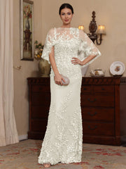 2 Pieces Sheath Column Scoop Lace Mother Of The Bride Dresses With Wrap Beading Floral Half Sleeves Floor Length