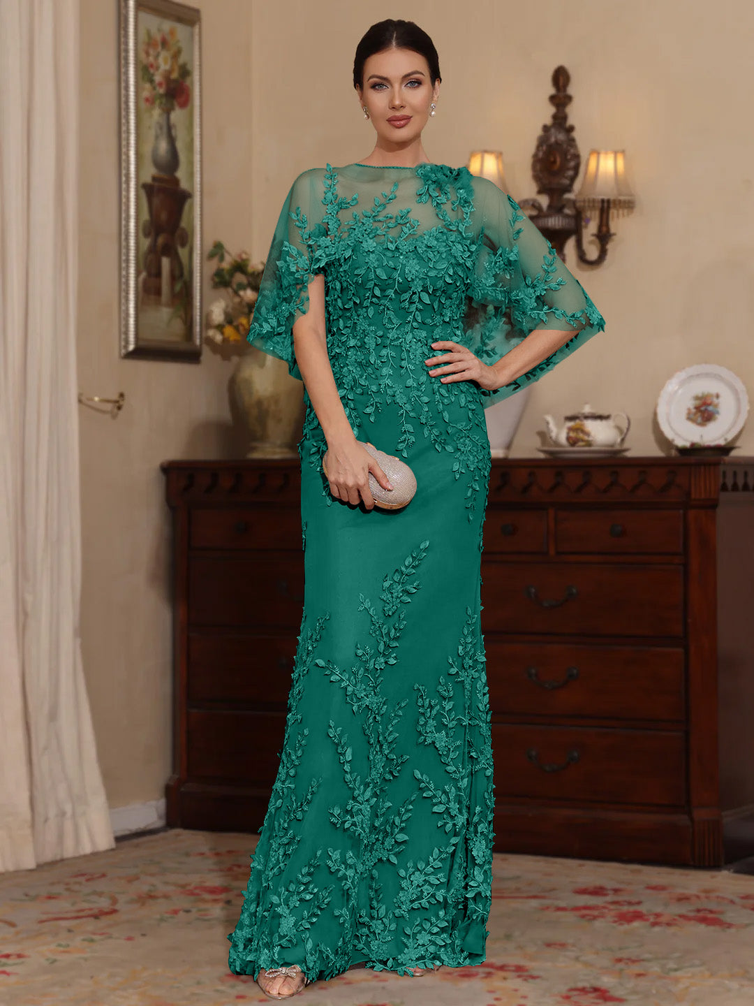 2 Pieces Sheath Column Scoop Lace Mother Of The Bride Dresses With Wrap Beading Floral Half Sleeves Floor Length