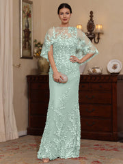 2 Pieces Sheath Column Scoop Lace Mother Of The Bride Dresses With Wrap Beading Floral Half Sleeves Floor Length