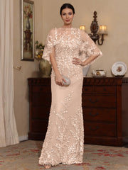 2 Pieces Sheath Column Scoop Lace Mother Of The Bride Dresses With Wrap Beading Floral Half Sleeves Floor Length