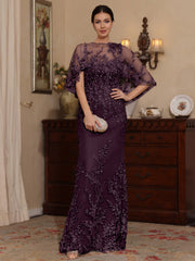 2 Pieces Sheath/Column Scoop Lace Mother of the Bride Dresses with Wrap Beading Floral Half Sleeves Floor-Length