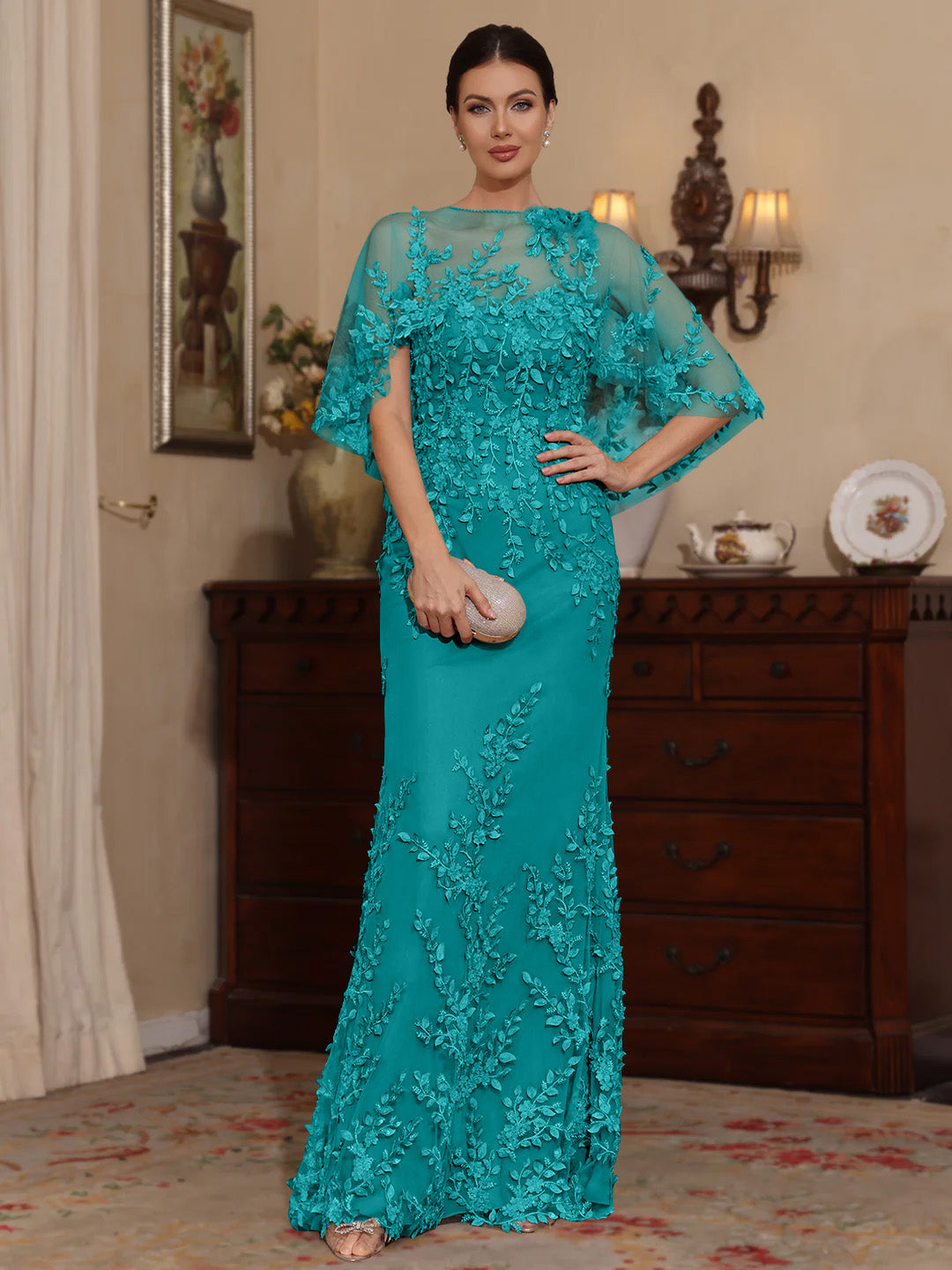 2 Pieces Sheath Column Scoop Lace Mother Of The Bride Dresses With Wrap Beading Floral Half Sleeves Floor Length