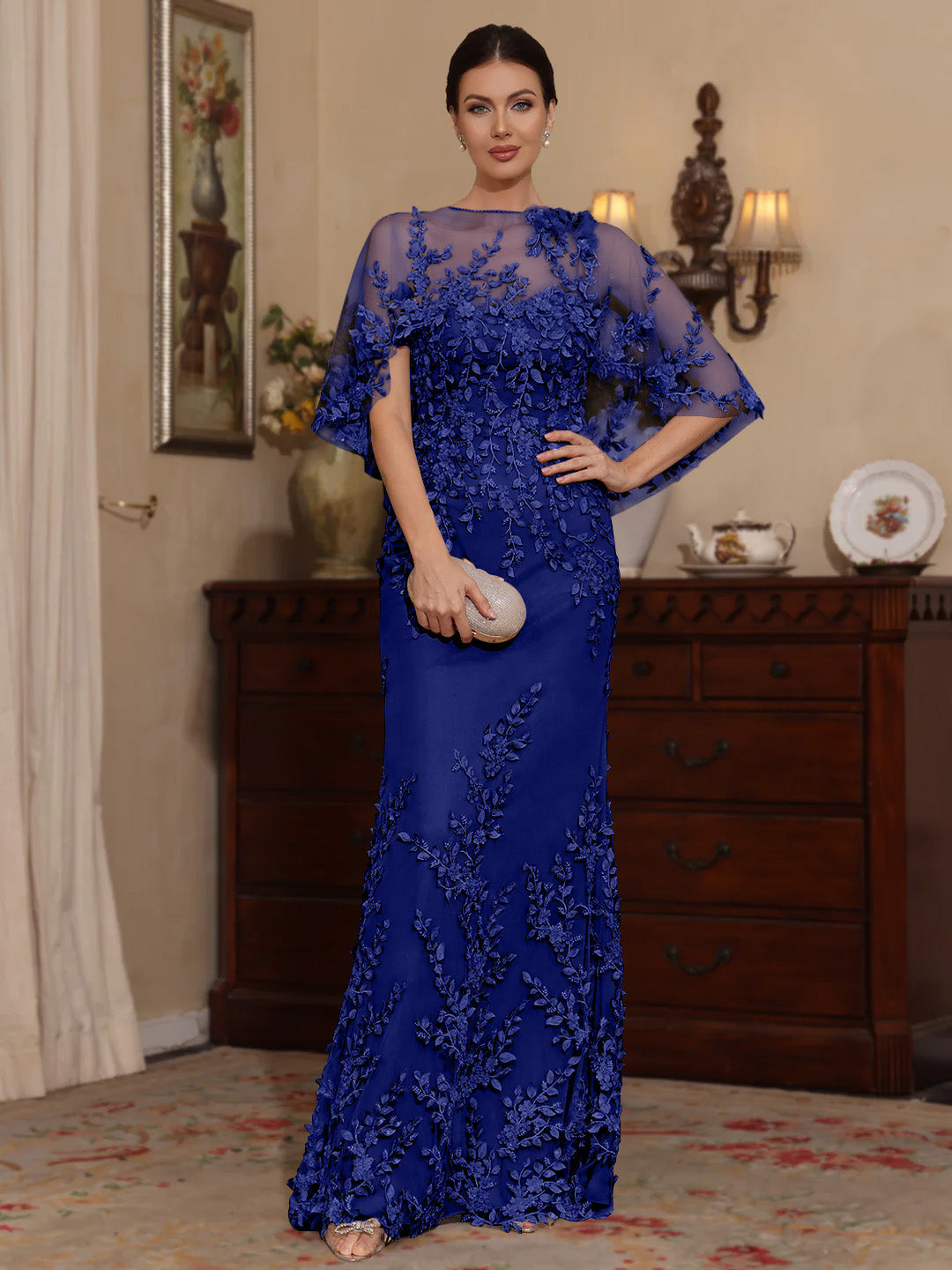 2 Pieces Sheath Column Scoop Lace Mother Of The Bride Dresses With Wrap Beading Floral Half Sleeves Floor Length