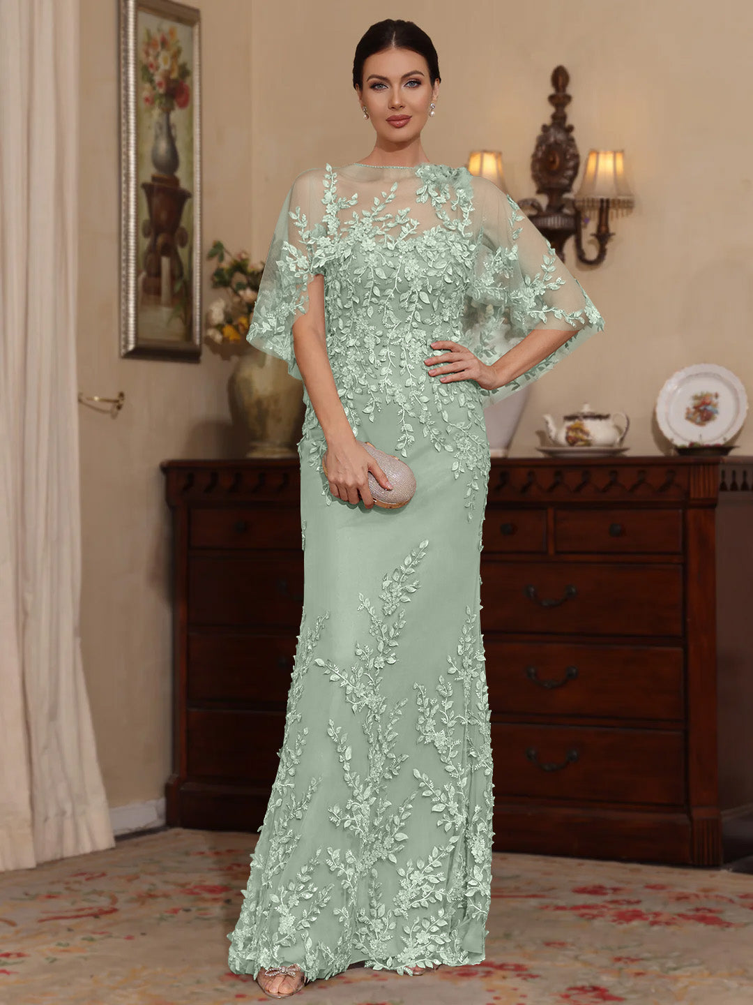 2 Pieces Sheath Column Scoop Lace Mother Of The Bride Dresses With Wrap Beading Floral Half Sleeves Floor Length