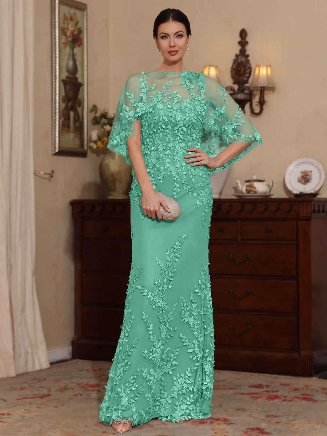 2 Pieces Sheath Column Scoop Lace Mother Of The Bride Dresses With Wrap Beading Floral Half Sleeves Floor Length