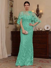2 Pieces Sheath/Column Scoop Lace Mother of the Bride Dresses with Wrap Beading Floral Half Sleeves Floor-Length