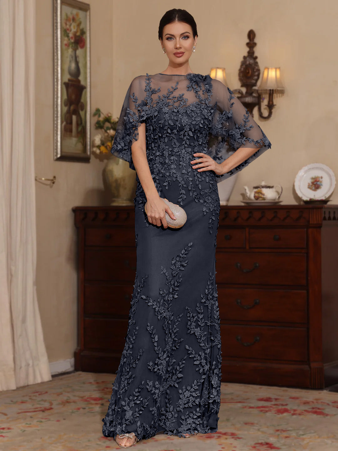 2 Pieces Sheath Column Scoop Lace Mother Of The Bride Dresses With Wrap Beading Floral Half Sleeves Floor Length
