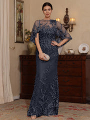 2 Pieces Sheath/Column Scoop Lace Mother of the Bride Dresses with Wrap Beading Floral Half Sleeves Floor-Length