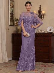 2 Pieces Sheath Column Scoop Lace Mother Of The Bride Dresses With Wrap Beading Floral Half Sleeves Floor Length