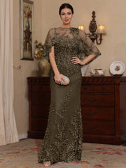 2 Pieces Sheath/Column Scoop Lace Mother of the Bride Dresses with Wrap Beading Floral Half Sleeves Floor-Length