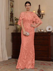 2 Pieces Sheath Column Scoop Lace Mother Of The Bride Dresses With Wrap Beading Floral Half Sleeves Floor Length