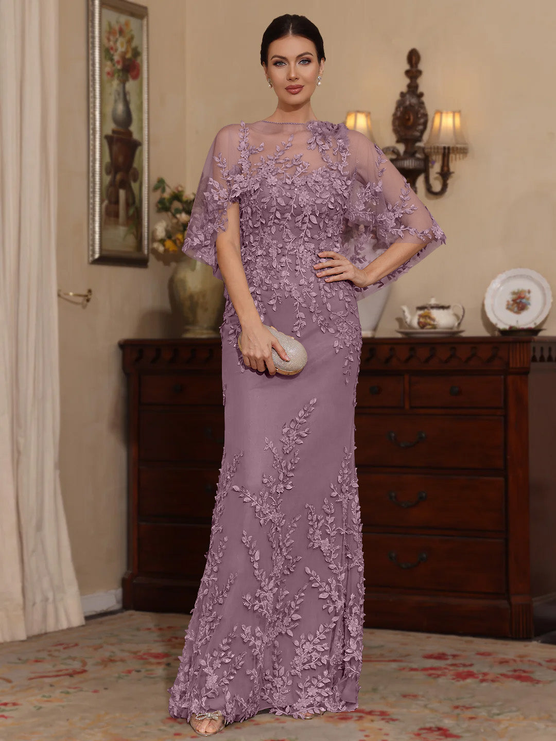 2 Pieces Sheath Column Scoop Lace Mother Of The Bride Dresses With Wrap Beading Floral Half Sleeves Floor Length