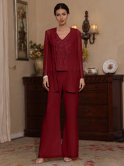 3 Pieces V Neck Chiffon Mother Of The Bride Pantsuits With Jacket Sequins Ankle Length Long Sleeves