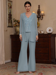 3 Pieces V Neck Chiffon Mother Of The Bride Pantsuits With Jacket Sequins Ankle Length Long Sleeves